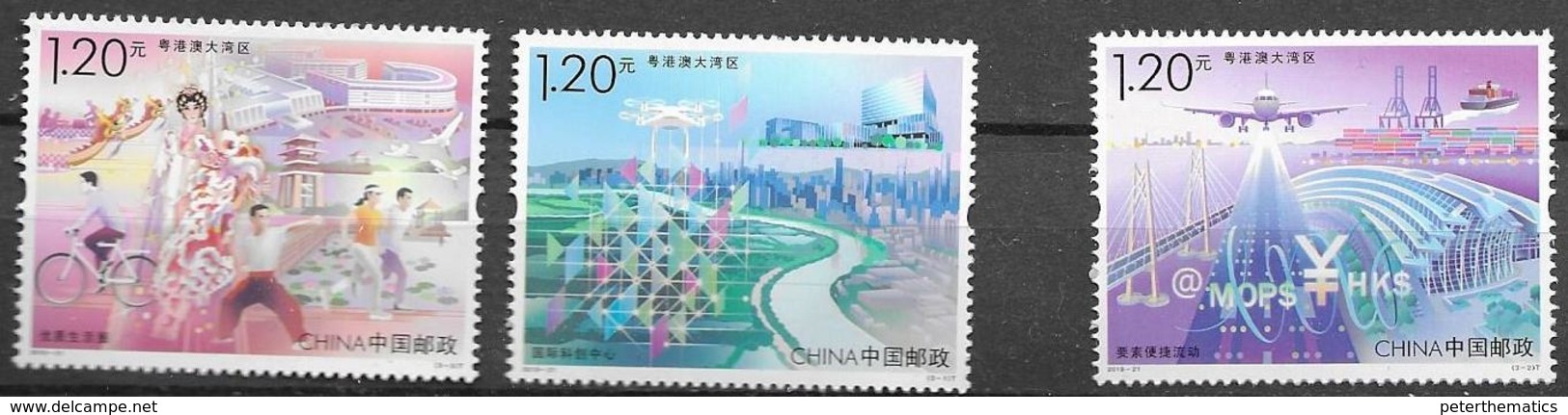 CHINA, 2019, MNH, GREATER BAY AREA, PLANES, SHIPS, BRIDGES, BICYCLES, BIRDS, CLUTURE, SPORTS, JOINT ISSUE, 3v - Ships