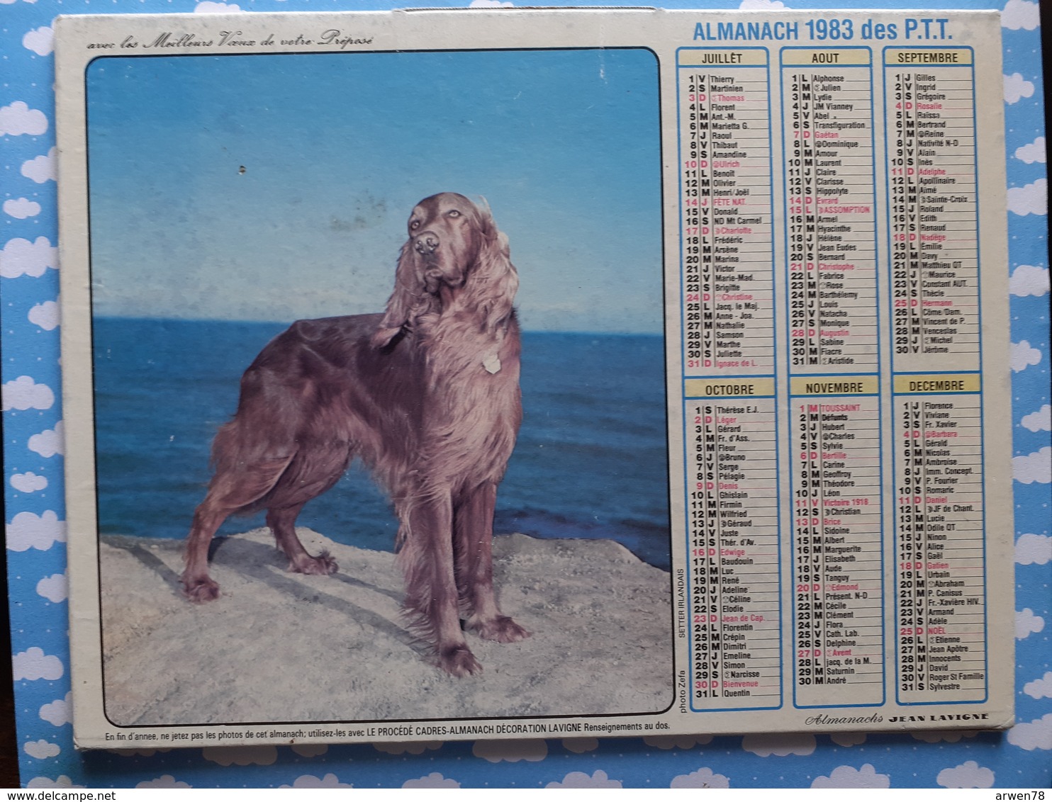 CALENDRIER DU FACTEUR ALMANACH CHIEN MALINOIS SETTER IRLANDAIS 1983 - Grand Format : 1991-00