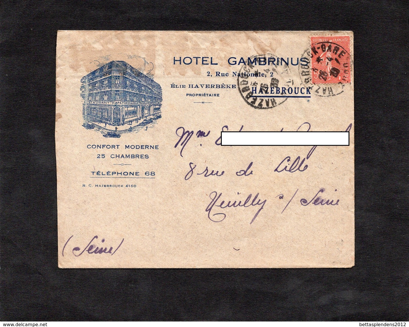 LAC 1932 - Entête Illustrée - HOTEL GAMBRINUS à HAZEBROUCK - Cachet Hazebrouck (Nord) Sur Semeuse Lignée 50c - 1921-1960: Modern Tijdperk