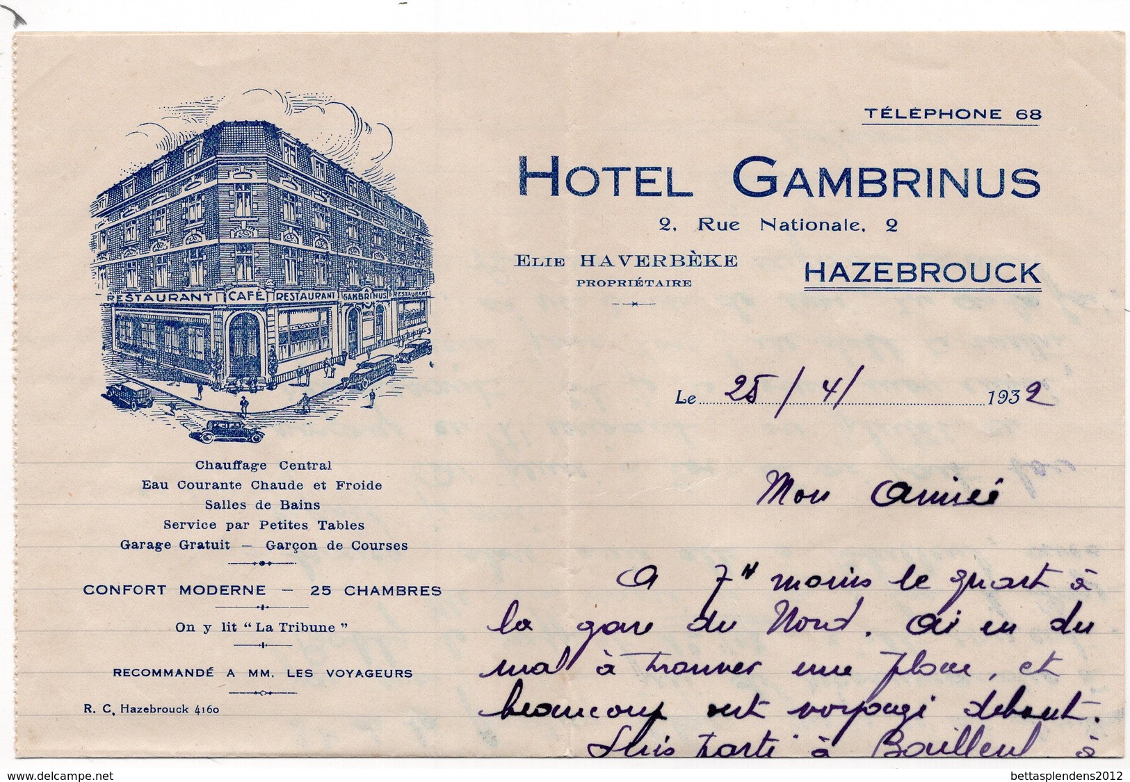 LAC 1932 - Entête Illustrée - HOTEL GAMBRINUS à HAZEBROUCK - Cachet Hazebrouck (Nord) Sur Semeuse Lignée 50c - 1921-1960: Modern Tijdperk