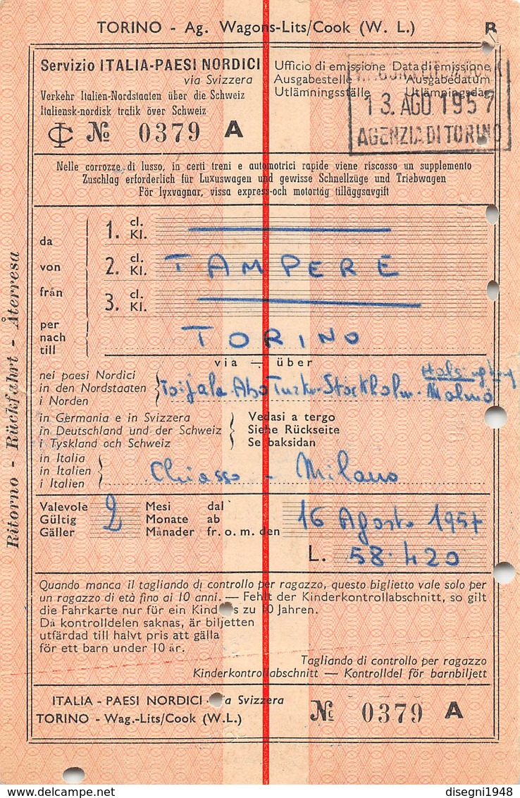 08998 "BIGL. FERROV. TAMPERE / TORINO EMESSO DA  AG. WAGONS.LITS /COOK (W. L.) - 13.08.1957 - TORINO - N. 0379A" ORIG. - Europe