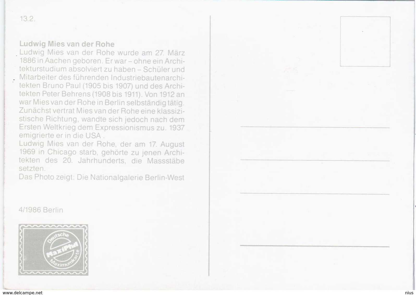 Germany Deutschland 1986 Maximum Card, Ludwig Mies Van Der Rohe, German-American Architect, Berlin - Maximum Cards