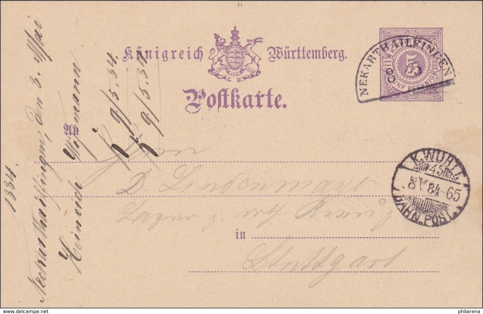 Württemberg:  Ganzsache Von Neckartailfingen Nach Stuttgart - 1884 - Bahnstempel - Other & Unclassified