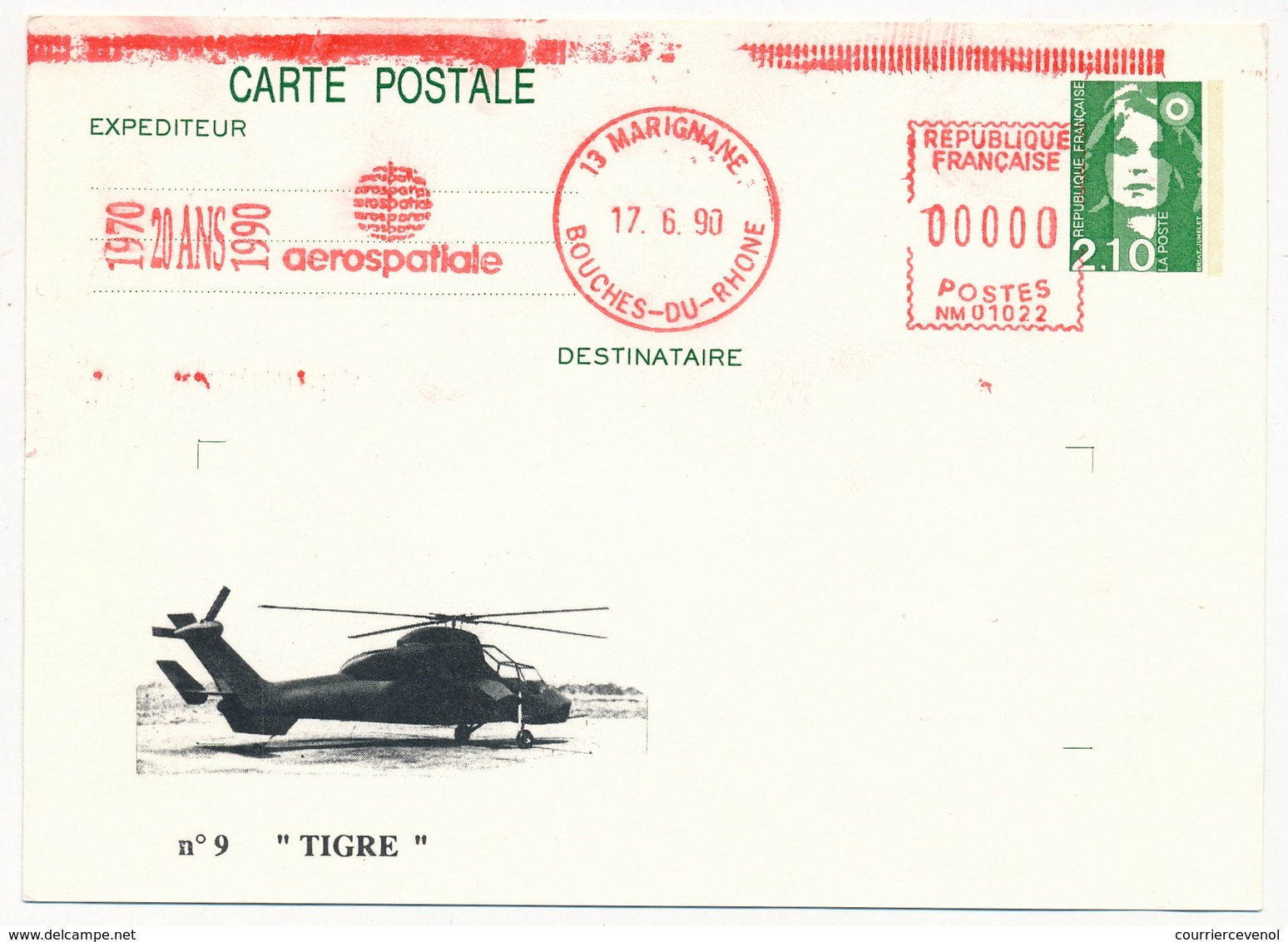 FRANCE - Entier 2,10 Briat Repiquage "TIGRE" - Oblit EMA Rouge Aerospatiale - MARIGNANE 17/06/1990 - Elicotteri