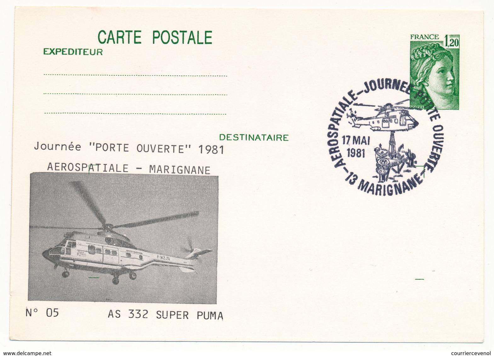 FRANCE - Entier 1,20 Sabine Repiquage "AS 332 Super Puma" - Oblit Aerospatiale - Portes Ouvertes MARIGNANE 17/05/1981 - Hubschrauber