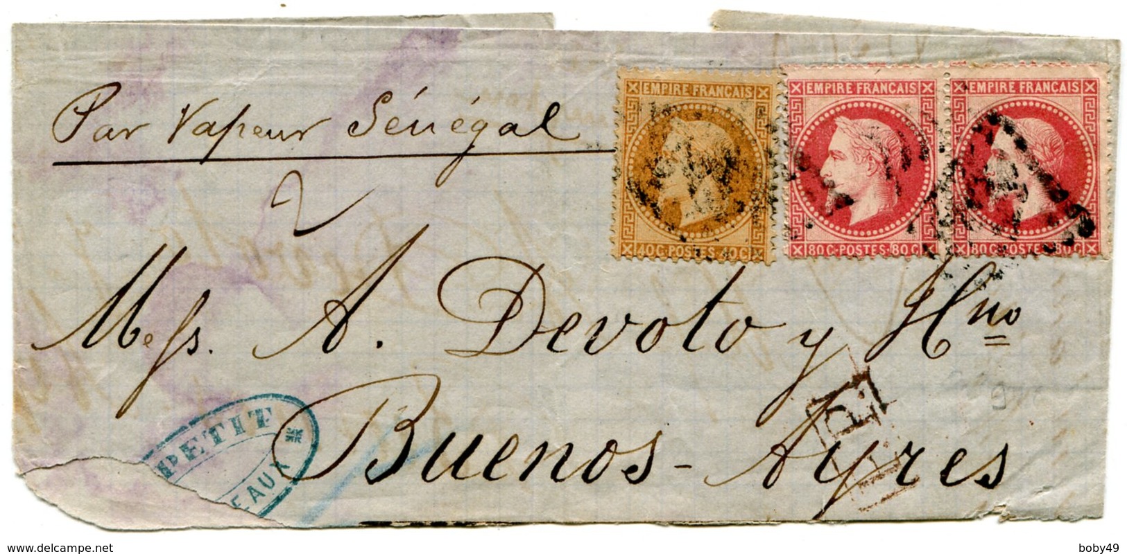 GIRONDE De BORDEAUX Pour BUENOS AIRES Fragment De Lettre Avec N°31+ N°32 En Paire Obiltérés GC 532 - 1849-1876: Classic Period