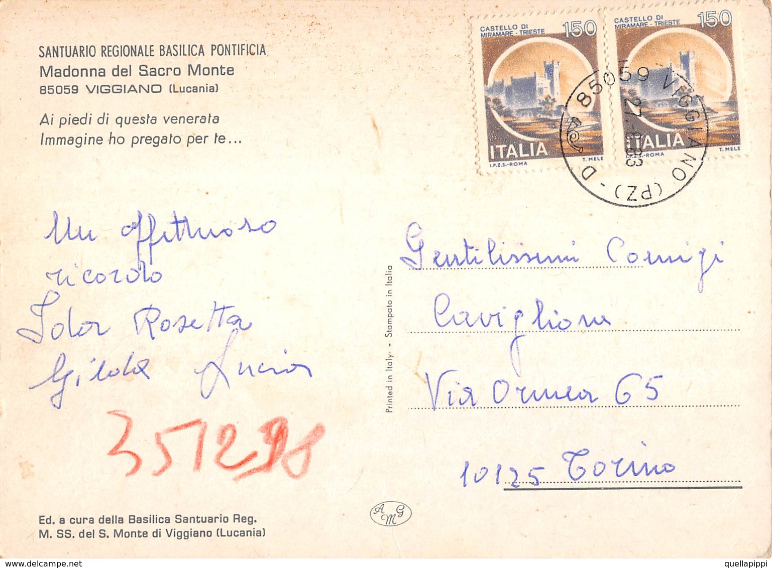 09920 "(PZ) - LUCANIA - VIGGIANO - MADONNA DEL SACRO MONTE - SANTUARIO REG.LE BASILICA PONTIFICIA" EFFIGE CART SPED 1983 - Potenza