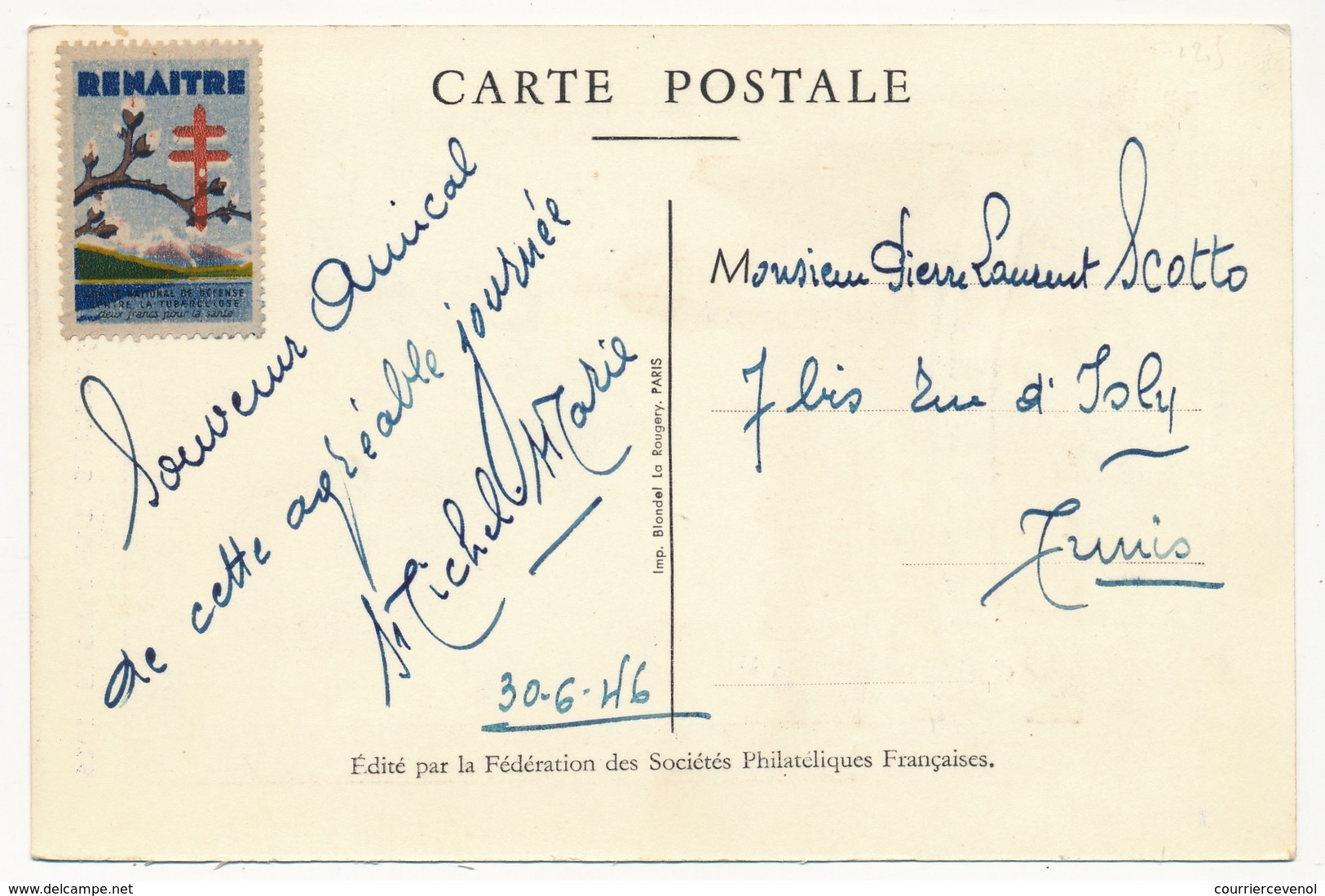 TUNISIE - Carte Fédérale - Journée Du Timbre 1946 TUNIS - Fouquet De La Varane + Vignette Antituberculeuse Au Dos - Briefe U. Dokumente