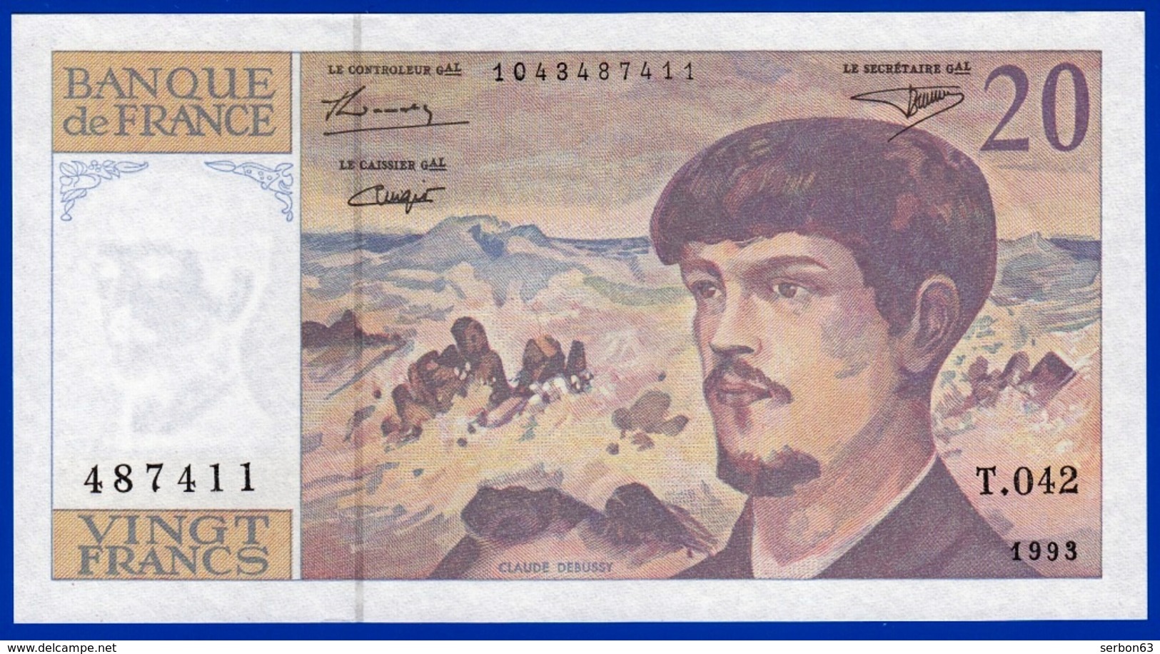 20 FRANCS DEBUSSY NEUF PAS DE TROU T.042 N° 487411 ANNÉE 1993 - 2 SCAN - Serbon63 - 20 F 1980-1997 ''Debussy''