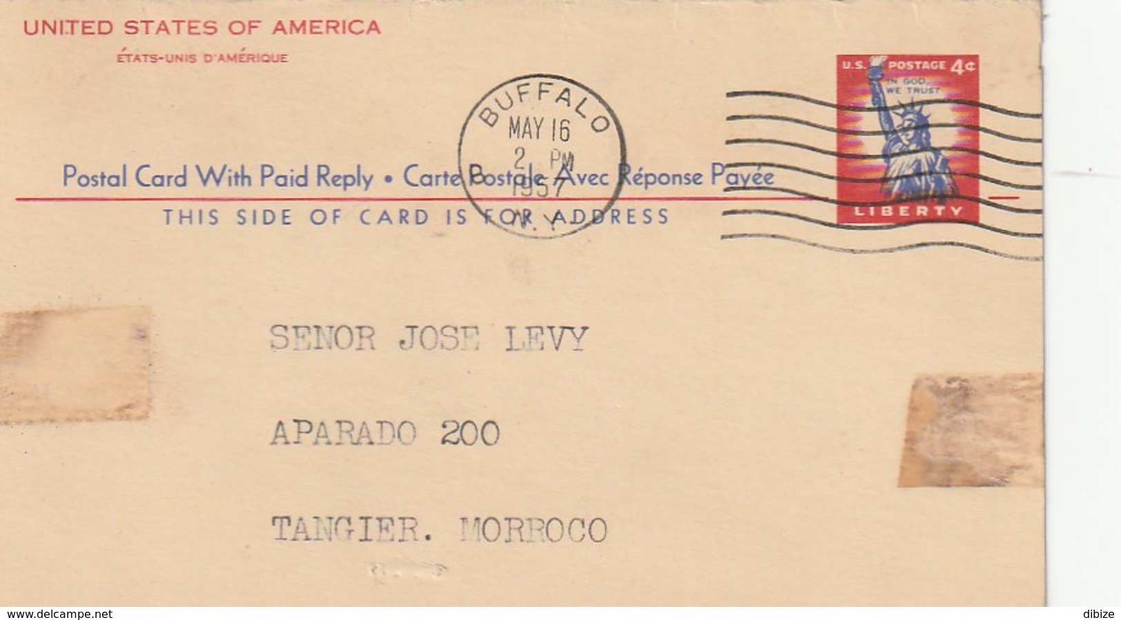 United States Of  America To Morocco. Tangiers. Postal Card With Paid Reply 1957. Side Of The Address. Statue Of Liberty - George Washington