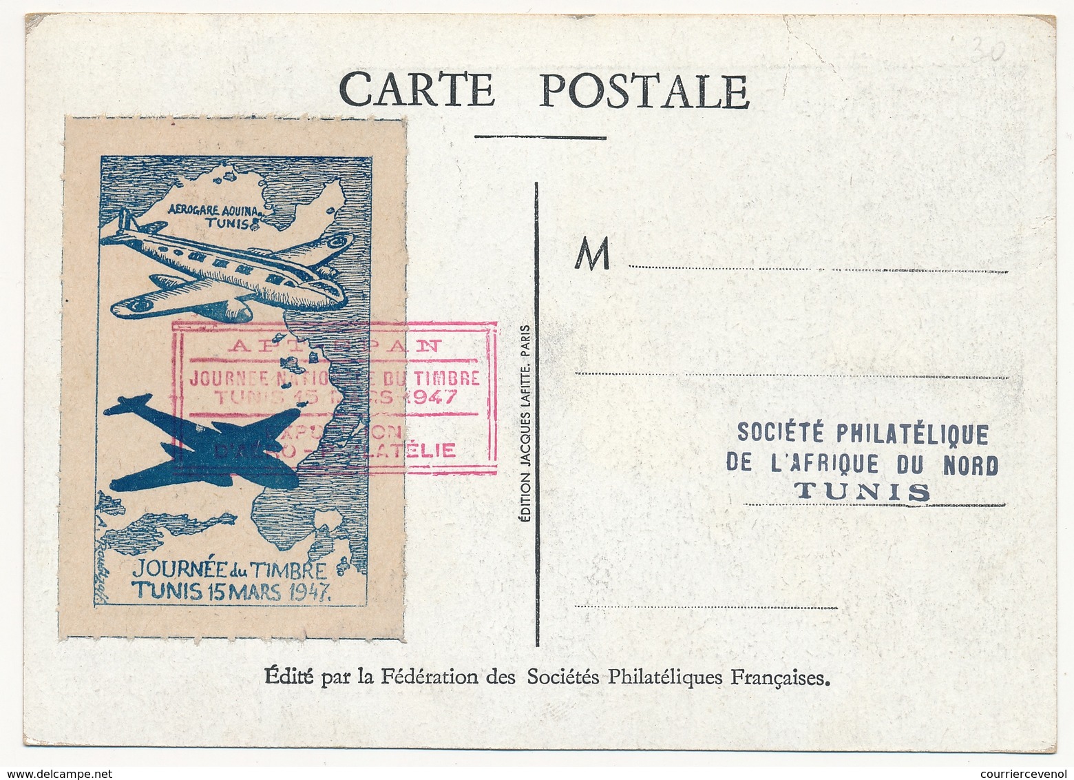 TUNISIE - Carte Locale - Journée Du Timbre 1947 TUNIS (Louvois) - Ksar Médénine - Avec Vignette Au Dos - Storia Postale