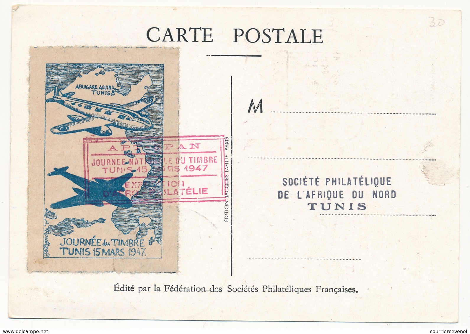 TUNISIE - Carte Fédérale - Journée Du Timbre 1947 TUNIS (Louvois)  Avec Vignette Au Dos - Covers & Documents