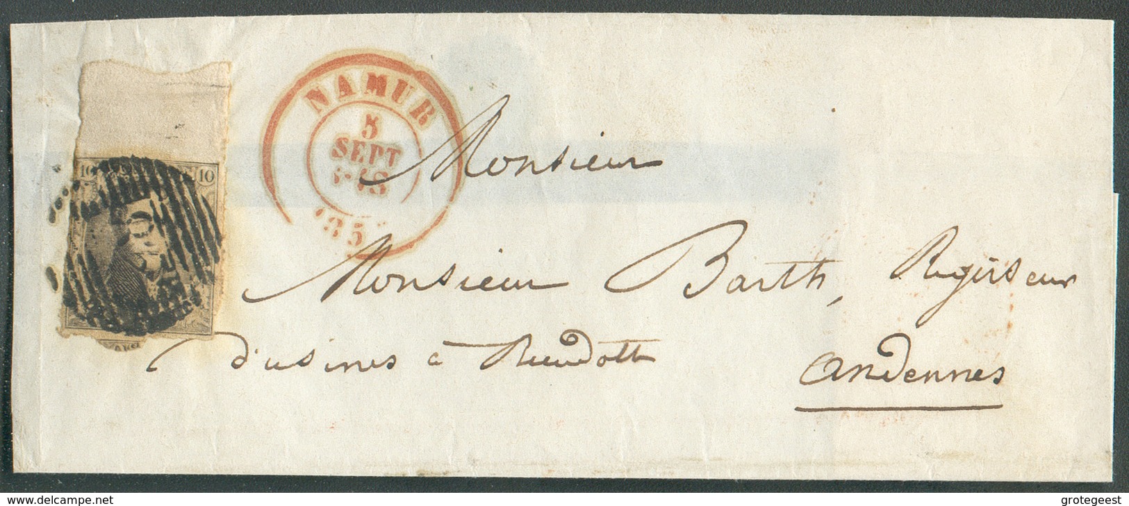 N°6 - Médaillon 10 Centimes Brun, Voisin En Bas Et Bord De Feuille Complet En Haut, Obl. P.85 Sur Enveloppe De NAMUR Le - 1849-1865 Medaglioni (Varie)