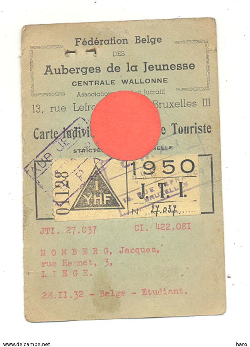 Carte De Jeune Touriste - Fédération Des Auberges De Jeunesse - 1950 - Photo Au Verso (b274) - Unclassified