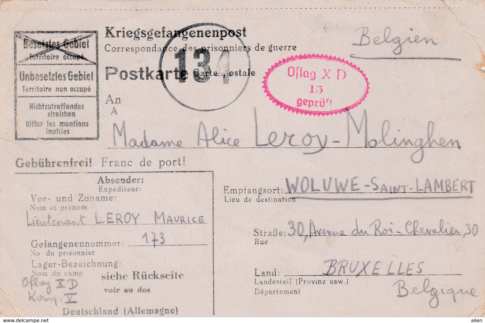 POW Kaart OFLAG XD Naar Woluwe X/44 - Censuur "134". - Guerre 40-45 (Lettres & Documents)