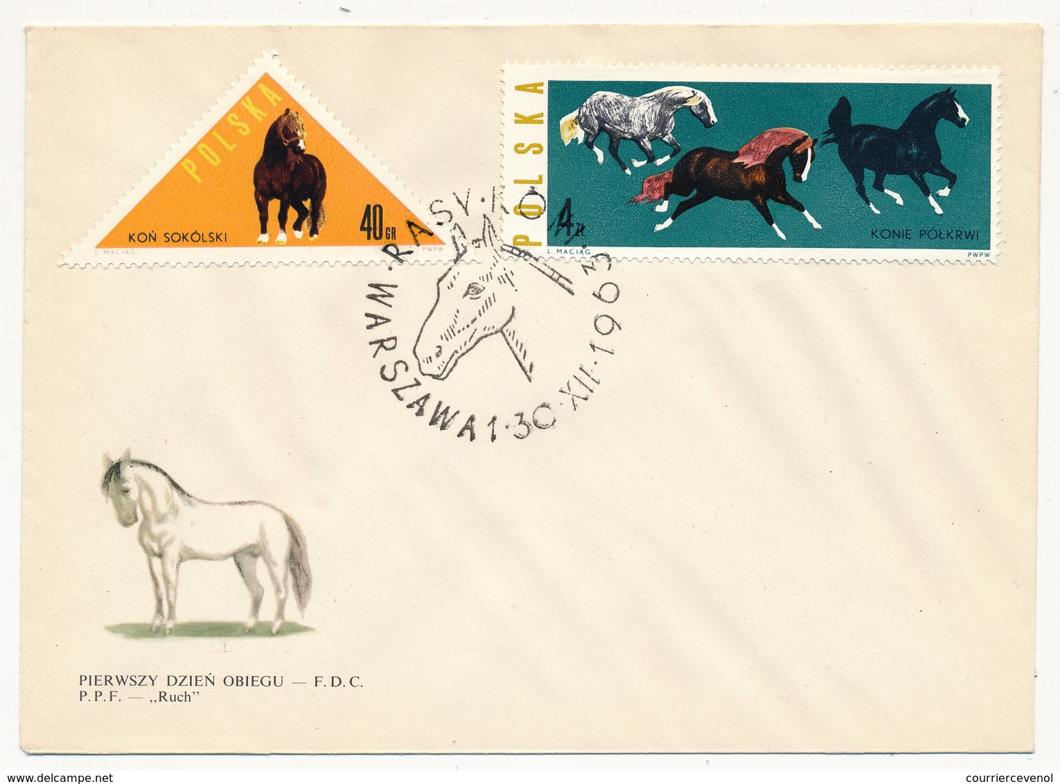 POLOGNE - 4 Enveloppes - CHEVAUX (10 Valeurs) 1963 Varsovie - Pferde