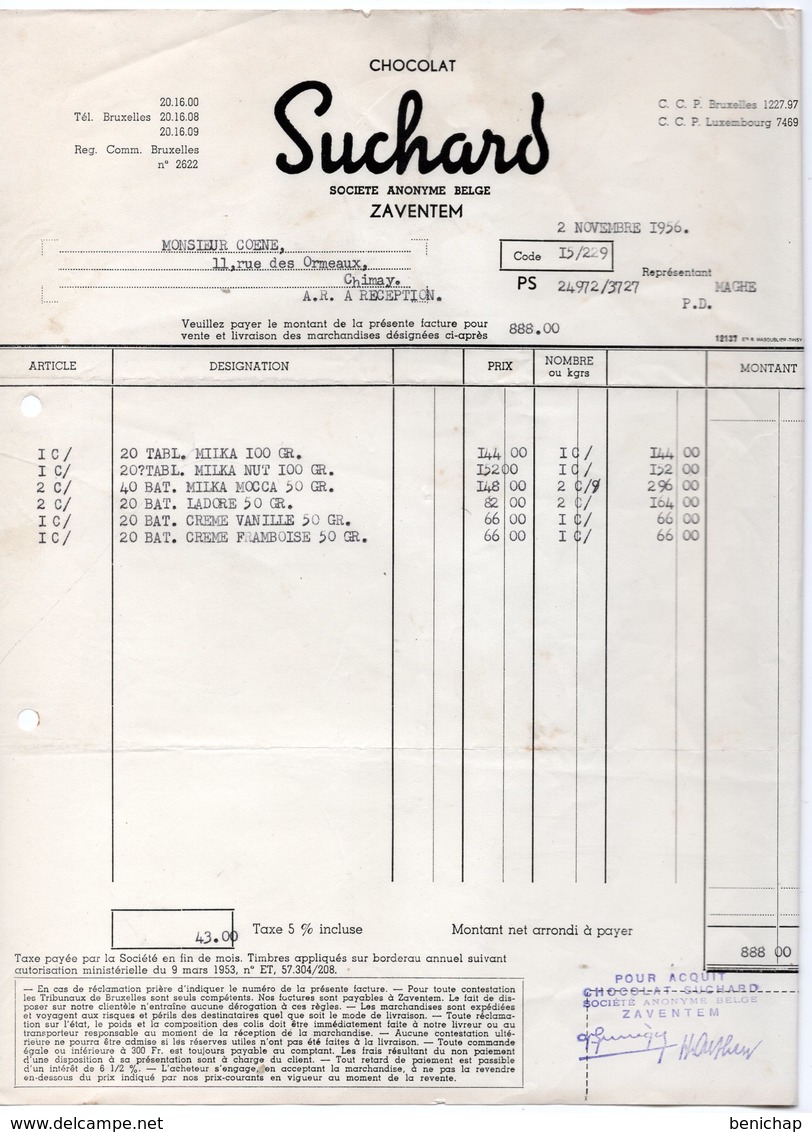 CHOCOLAT SUCHARD - MILKA - ZAVENTEM - CHIMAY - 2 NOVEMBRE  1956. - Food