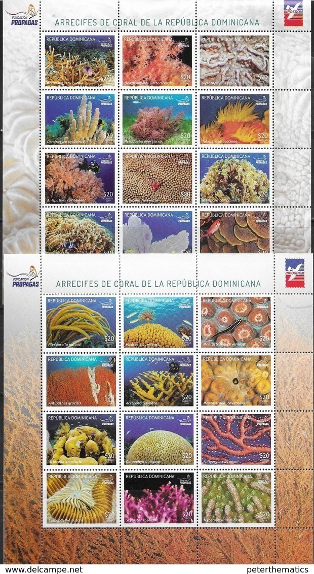 DOMINICAN REPUBLIC, 2019, MNH, CORAL REEFS OF THE DOMINICAN REPUBLIC, CORALS, FISH, 2 SHEETLETS OF 12v EACH - Marine Life