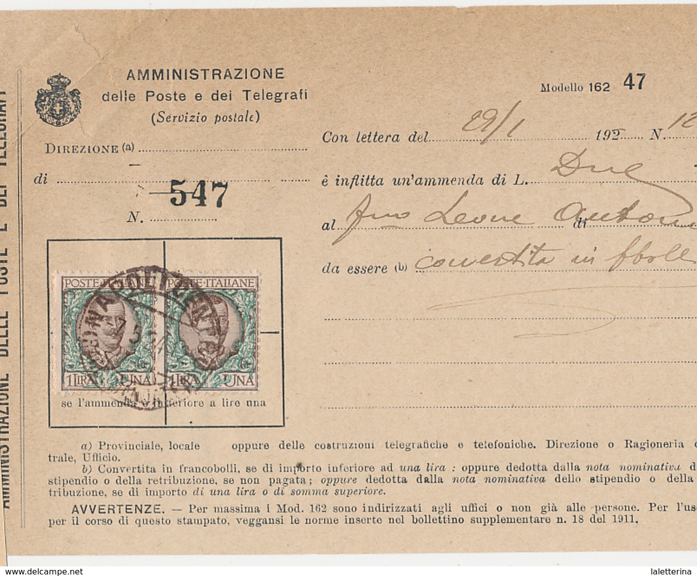 1924 REGNO AMMENDA FLOREALE COPPIA 1 LIRA - Storia Postale