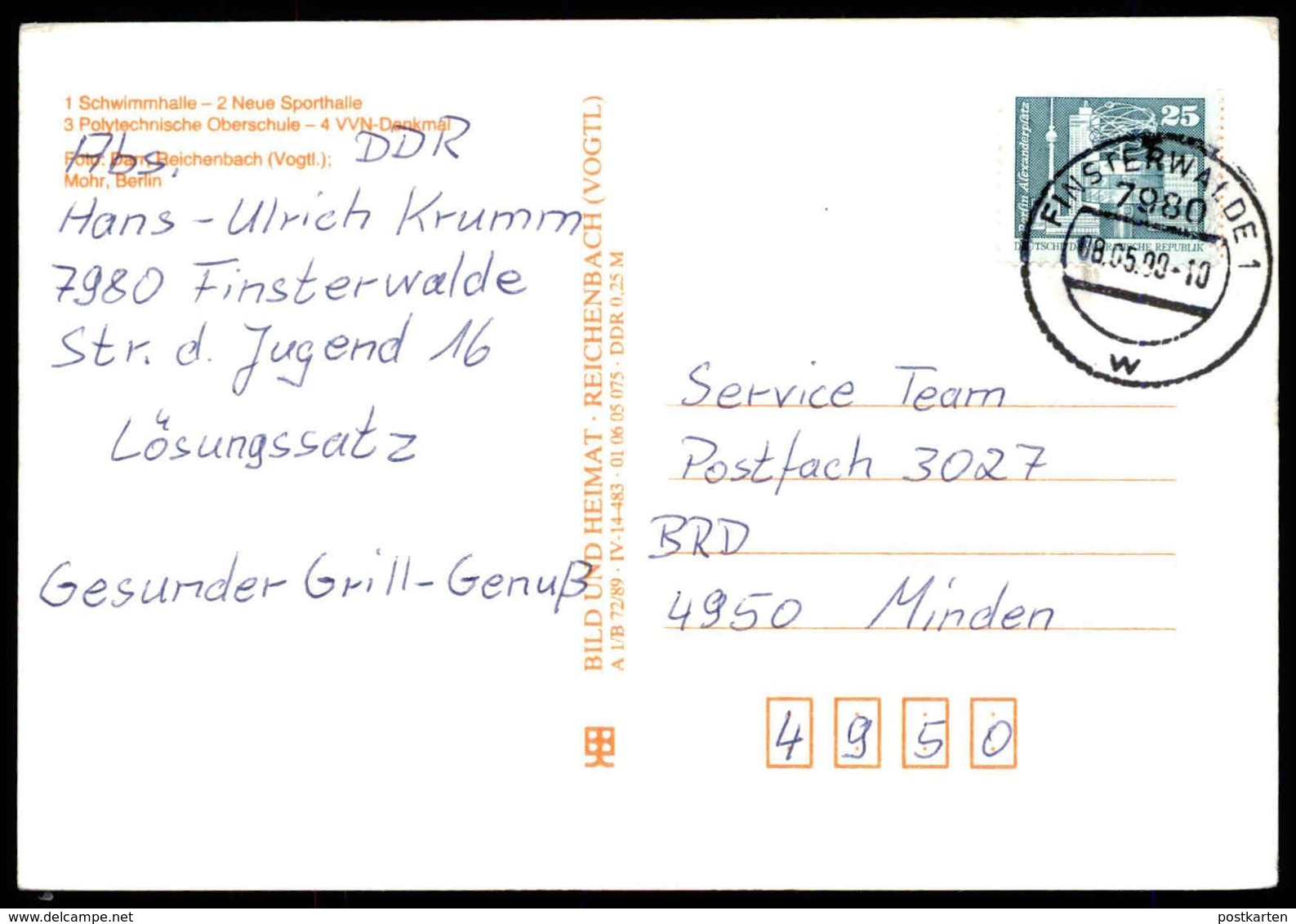 ÄLTERE POSTKARTE GRUSS AUS FINSTERWALDE SCHWIMMHALLE NEUE SPORTHALLE POLYTECHNISCHE OBERSCHULE VVN DENKMAL Ansichtskarte - Finsterwalde