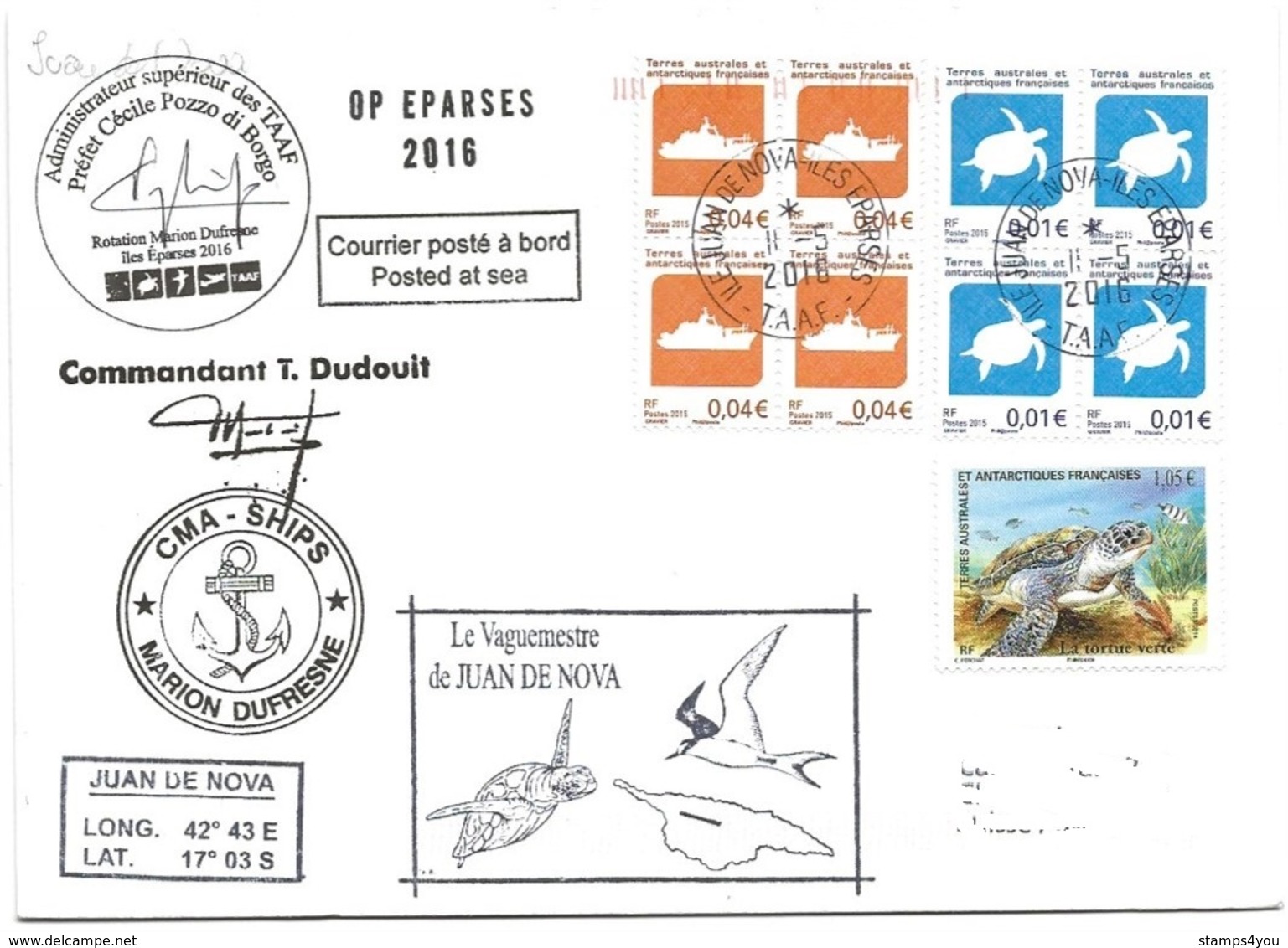 229 - 20 - Enveloppe Navire Marion Dufresne - Escale Ile Juan De Noval Iles Eparses 2016 - Divers Cachets Illustrés - Polar Ships & Icebreakers