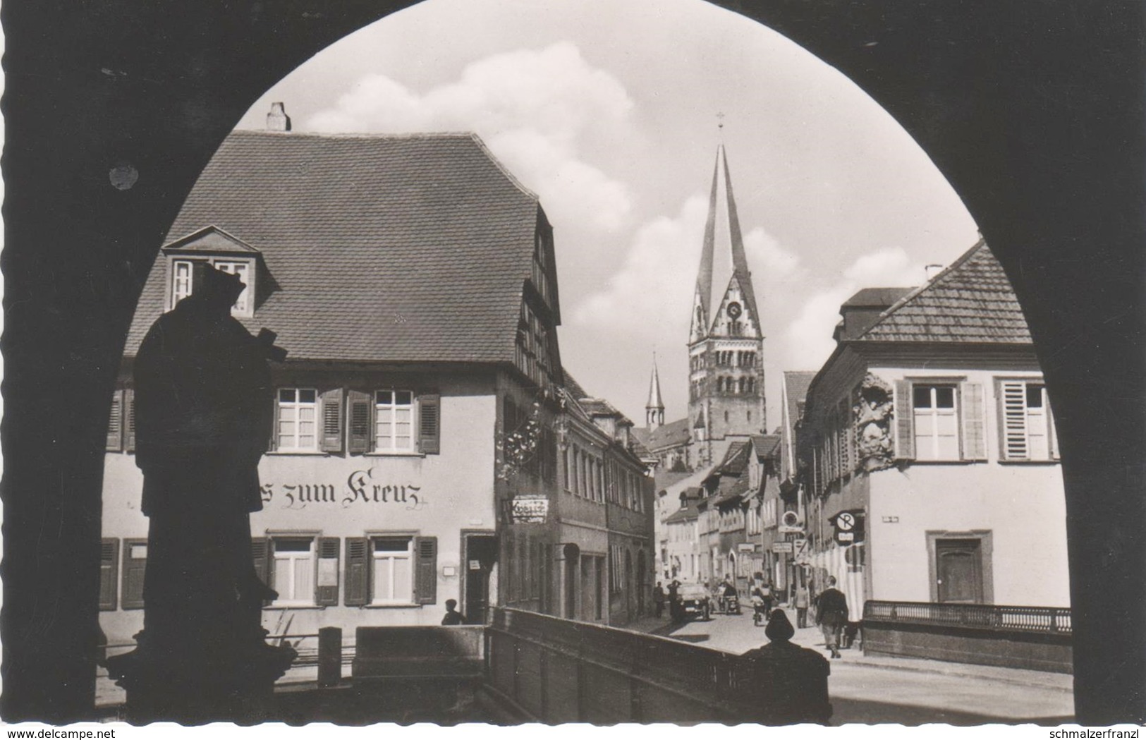 AK Ettlingen Baden Kronenstraße Gasthaus Zum Kreuz ? A Rathaus Rathausturm Rathausbrücke Albstraße Marktstraße Markt - Ettlingen