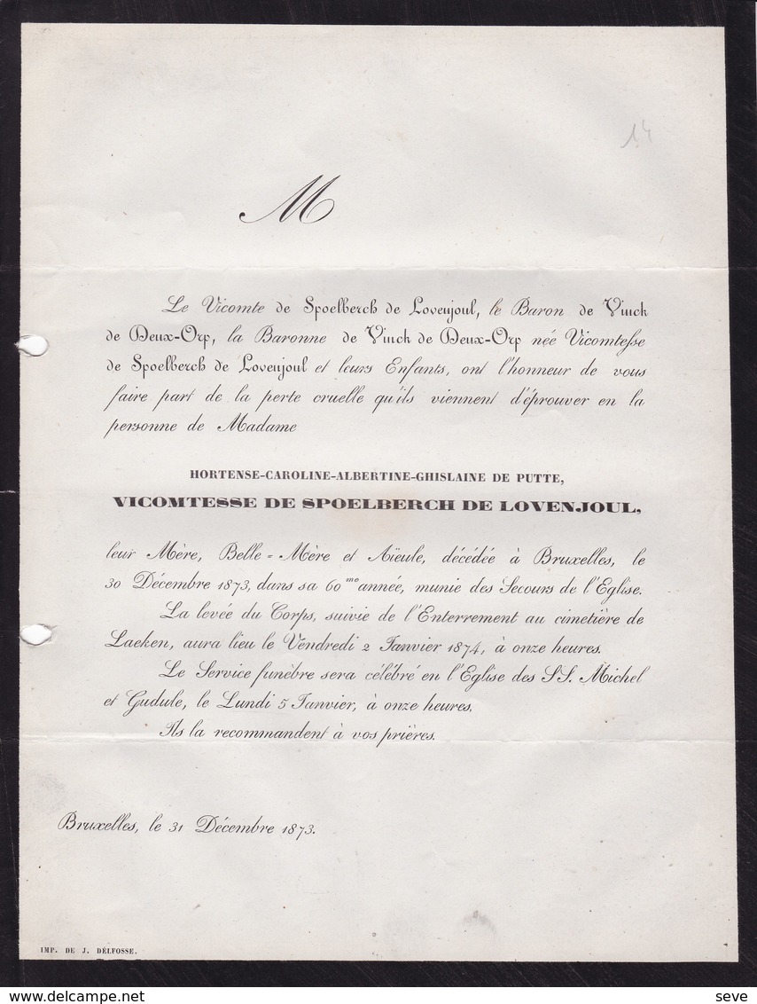 LOVENJOEL LAEKEN Vicomtesse De SPOELBERCH De LOVENJOUL Née Hortense De PUTTE  60 Ans 1873 - Décès