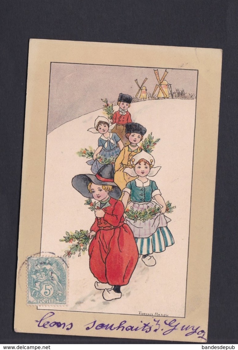 Vente Immediate Florence Hardy Scene Hiver Noel Enfants Costumes Hollandais Moulins Moulin à Vent  Ref 40922 - Hardy, Florence