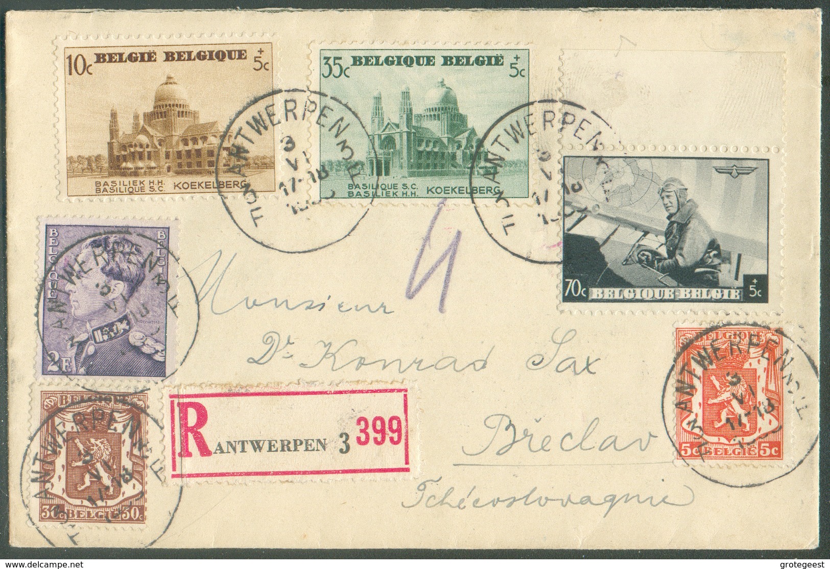 N°419-424-431-466-471-472 Obl; Sc ANTWERPEN 3 Sur Lettre Recommandée Du 3-6-1938 Vers Breclav (Tchécoslovaquie)  - 15244 - Cartas & Documentos