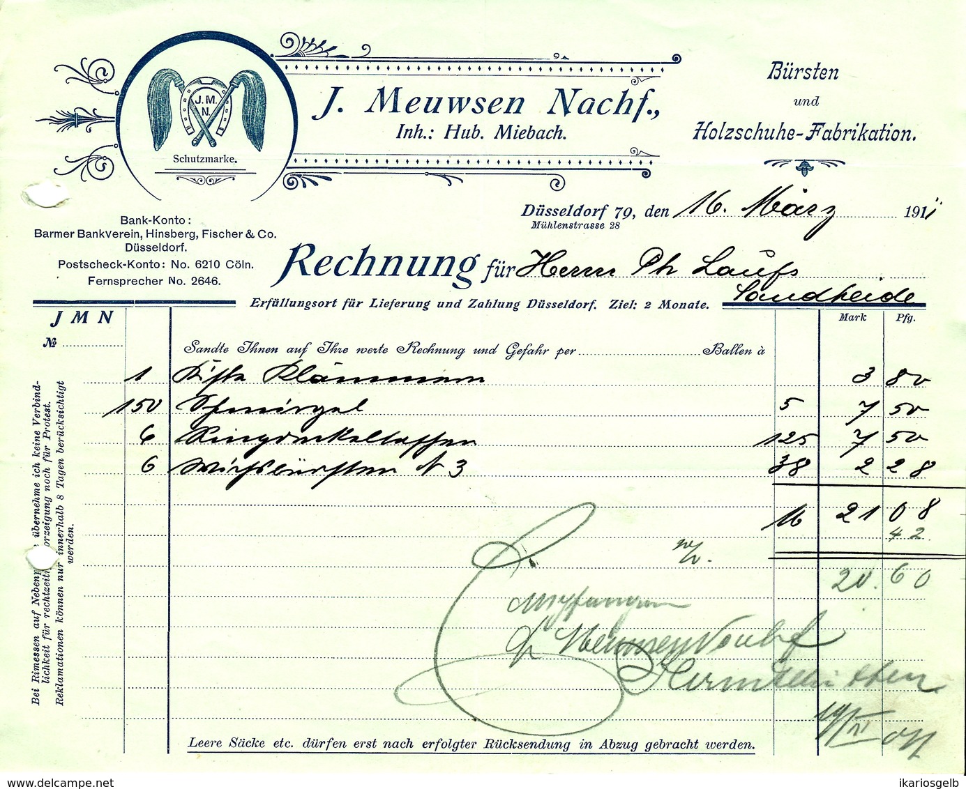 Düsseldorf 1911 Rechnung Deko " J.Meuwsen - Bürsten- Und Holzschuhe-Fabrikation " - Perfumería & Droguería