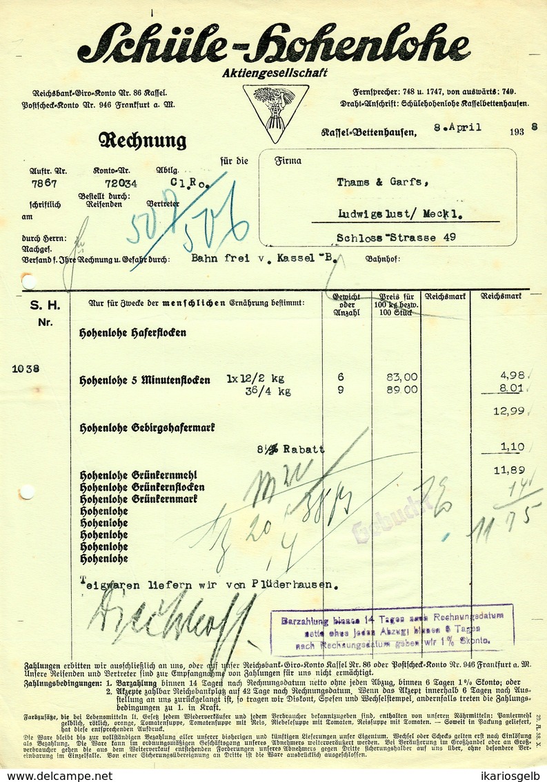 KASSEL Bettenhausen 1938 Rechnung Deko " Teigwarenfabrik Nudeln SCHÜLE-HOHENLOHE " - Alimentaire