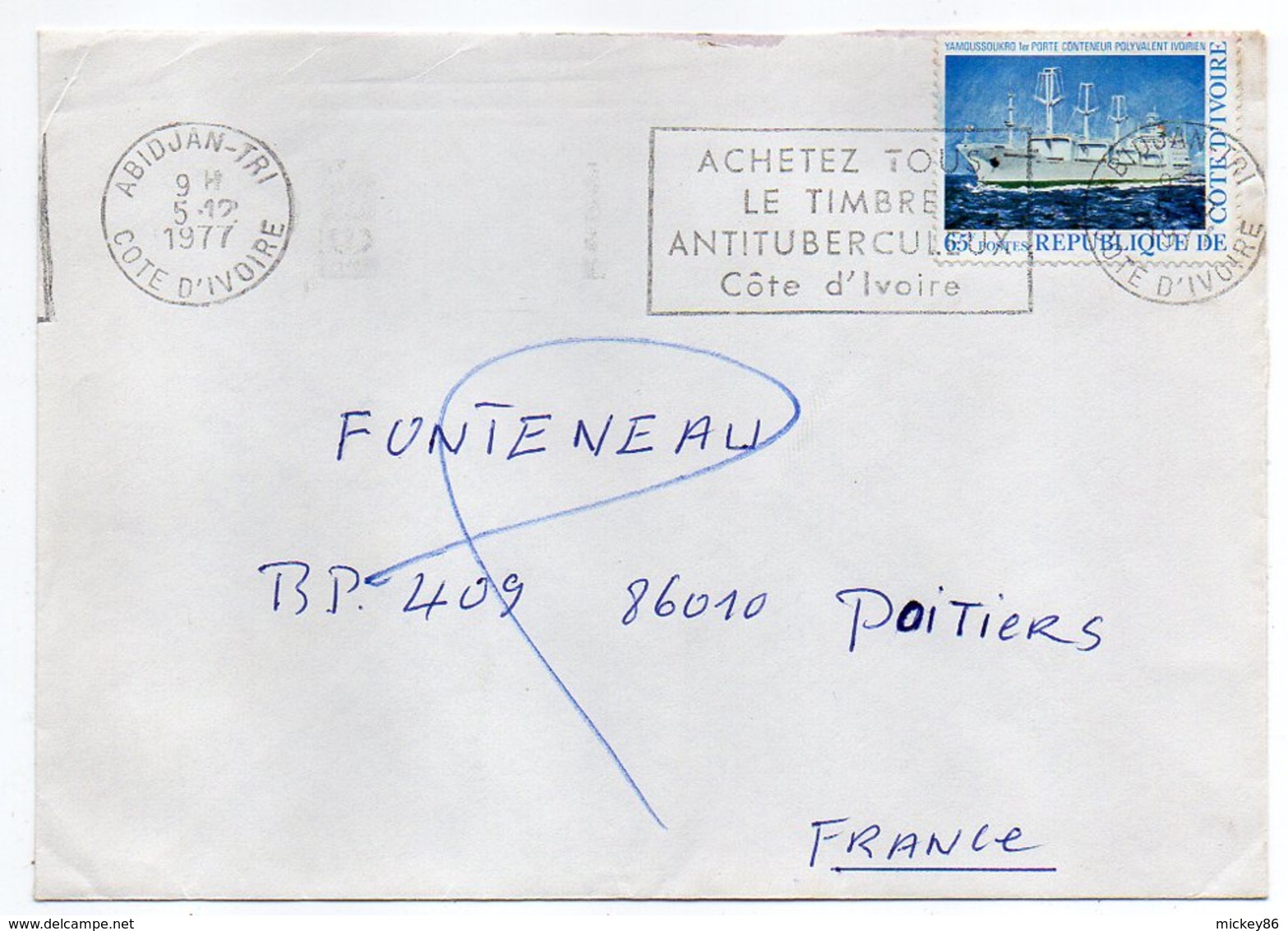 Côte D'Ivoire--1977--lettre De ABIDJAN  Pour Poitiers-(France) .cachet Tuberculose...timbre Bateau - Ivory Coast (1960-...)