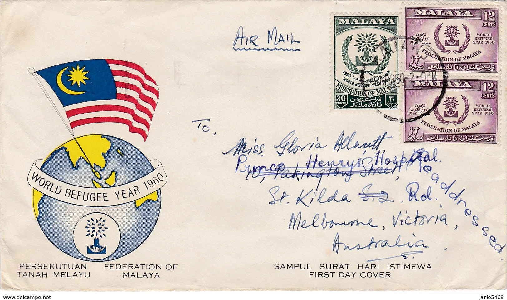 Malaya 1960 World Refugee Year Addressed, FDC - Malaya (British Military Administration)