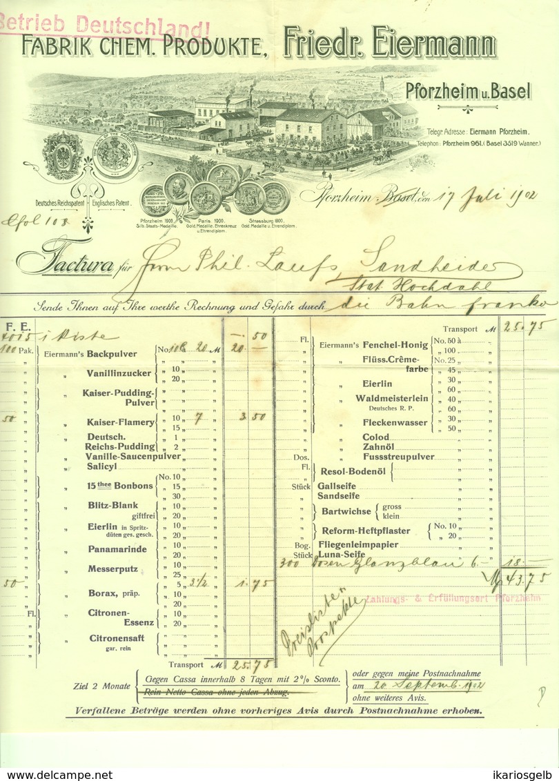 PFORZHEIM U Basel 1902 Rechnung Besonders Deko " Friedr.Eiermann - Fabrik Chemischer Lebensmittelzusätze " - Alimentos