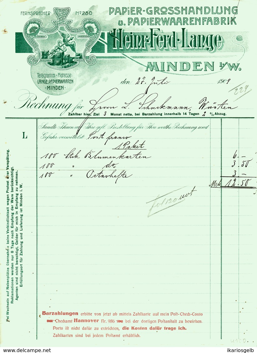 MINDEN I W 1909 Rechnung Besonders Deko " Heinr.Ferd.Lange - Papierwaarenfabrik U Großhandlung " - Druck & Papierwaren