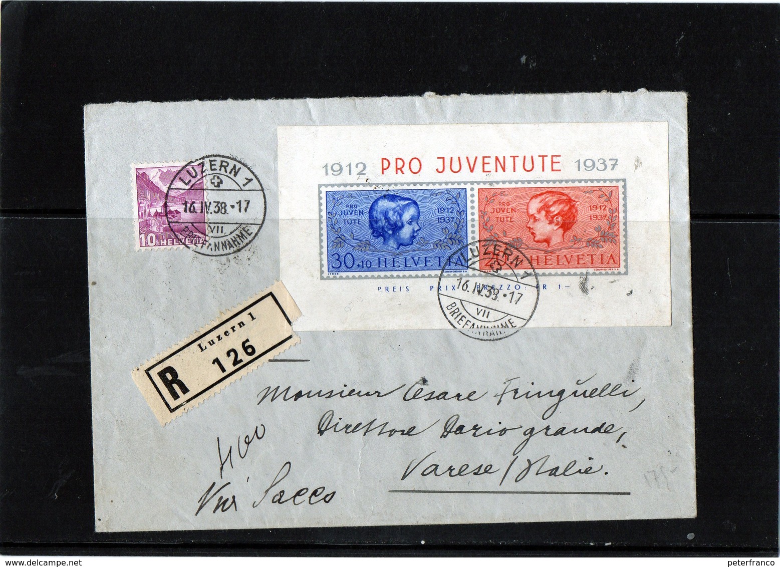CG23 - 1938 Svizzera - Busta Raccomandata Viaggiata Luzern X Varese  Affrancata Con Foglietto Pro Juventute 1937 - Storia Postale