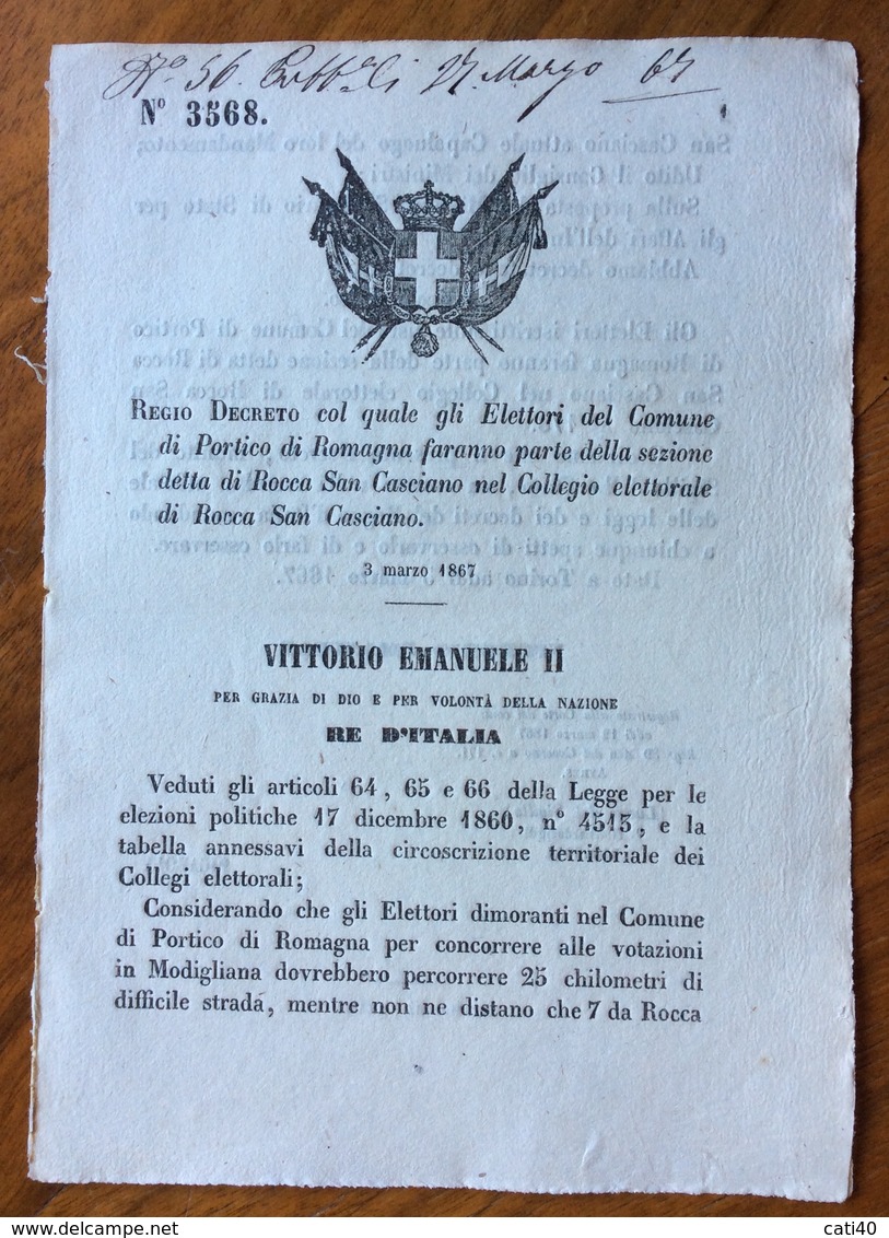 PORTICO DI ROMAGNA  ROCCA S.CASCIANO - REGIO DECRETO 3/3/1867 ( ORIGINALE) DI " COSTITUZIONE DEL COLLEGIO ELETTORALE " - Décrets & Lois