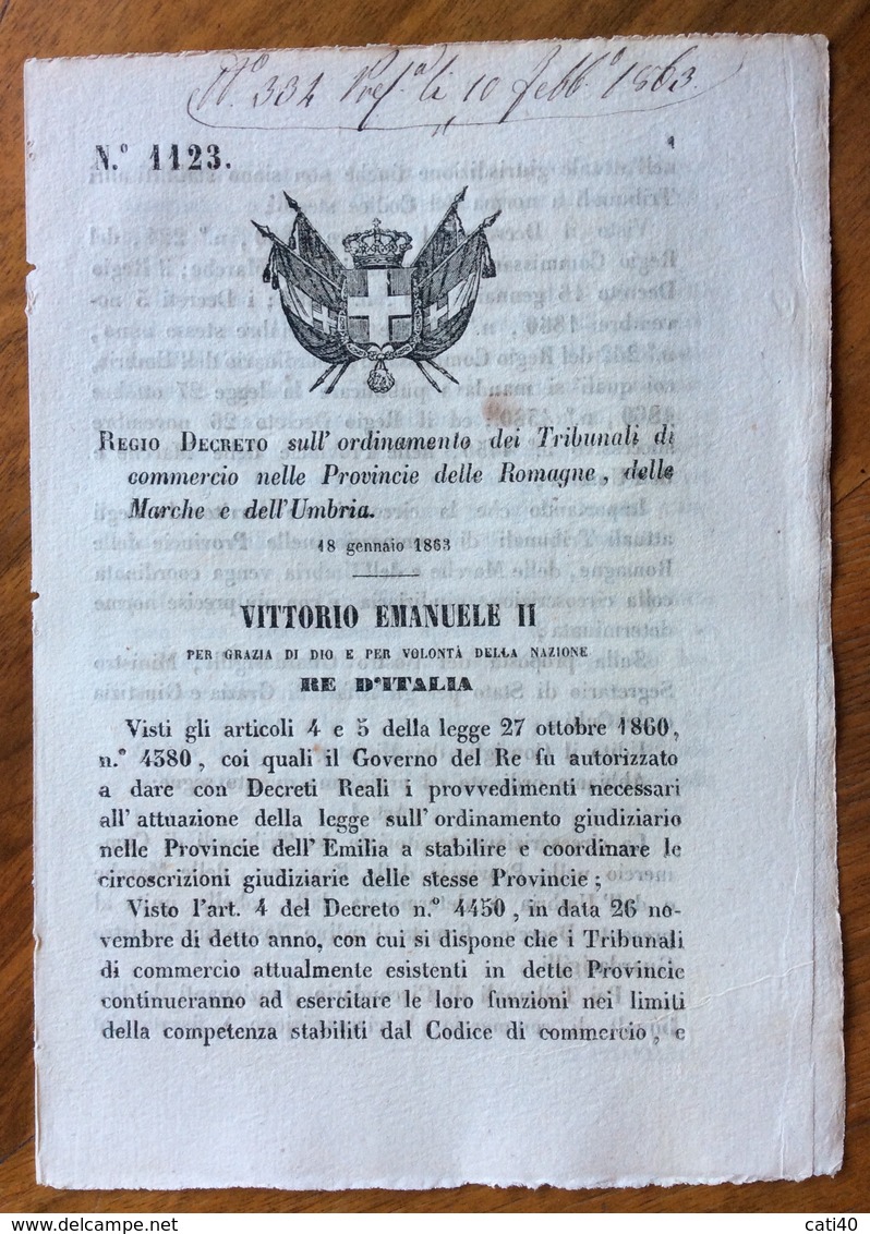 ROMAGNE UMBRIA MARCHE - REGIO DECRETO 1123 - 18/1/1863 ( ORIGINALE) SU "tribunali Di Commercio Delle Relative Regioni " - Décrets & Lois