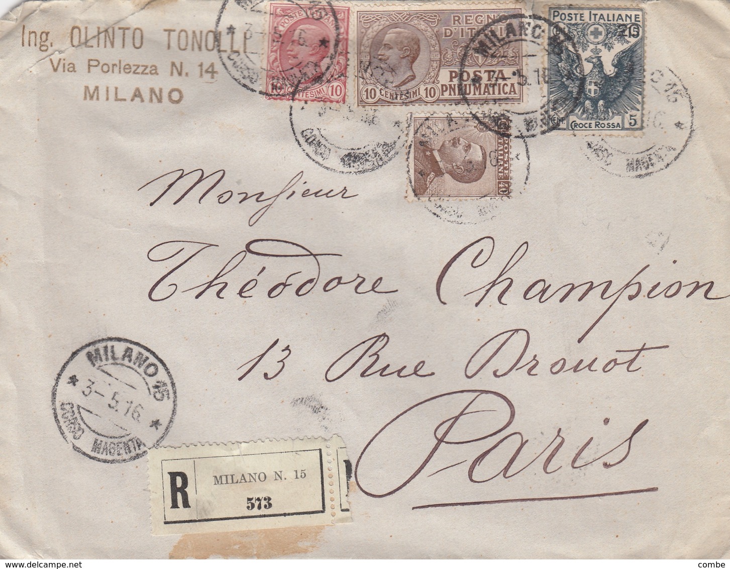 LETTRE. ITALIE. 3 5 1916. RECOMMANDE MILANO POUR PARIS  / 2 - Storia Postale