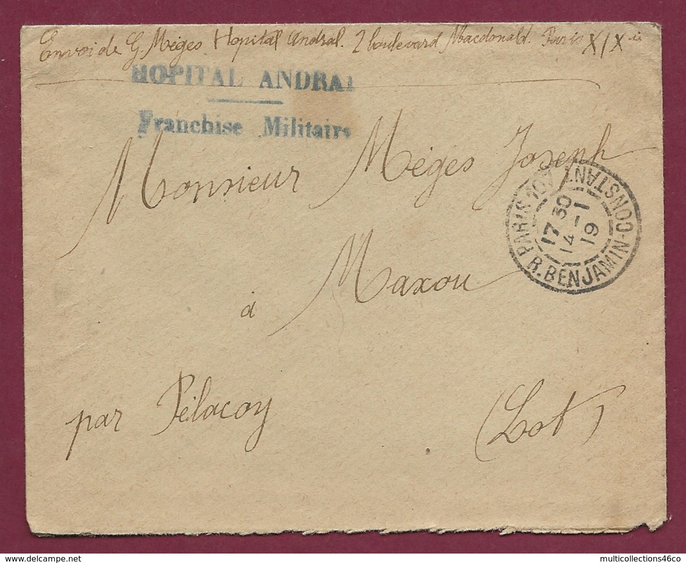 140320 - FM MILITARIA GUERRE 1914 18 HM HOPITAL ANDRAL Cachet PARIS 107 R BENJAMIN CONSTANT 1919 - Covers & Documents