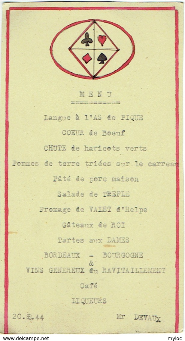 Menu. Thème Carte à Jouer. Langue "As De Pique", Salade De Trèfle, Tarte Aux Dames.... 1944. - Menükarten