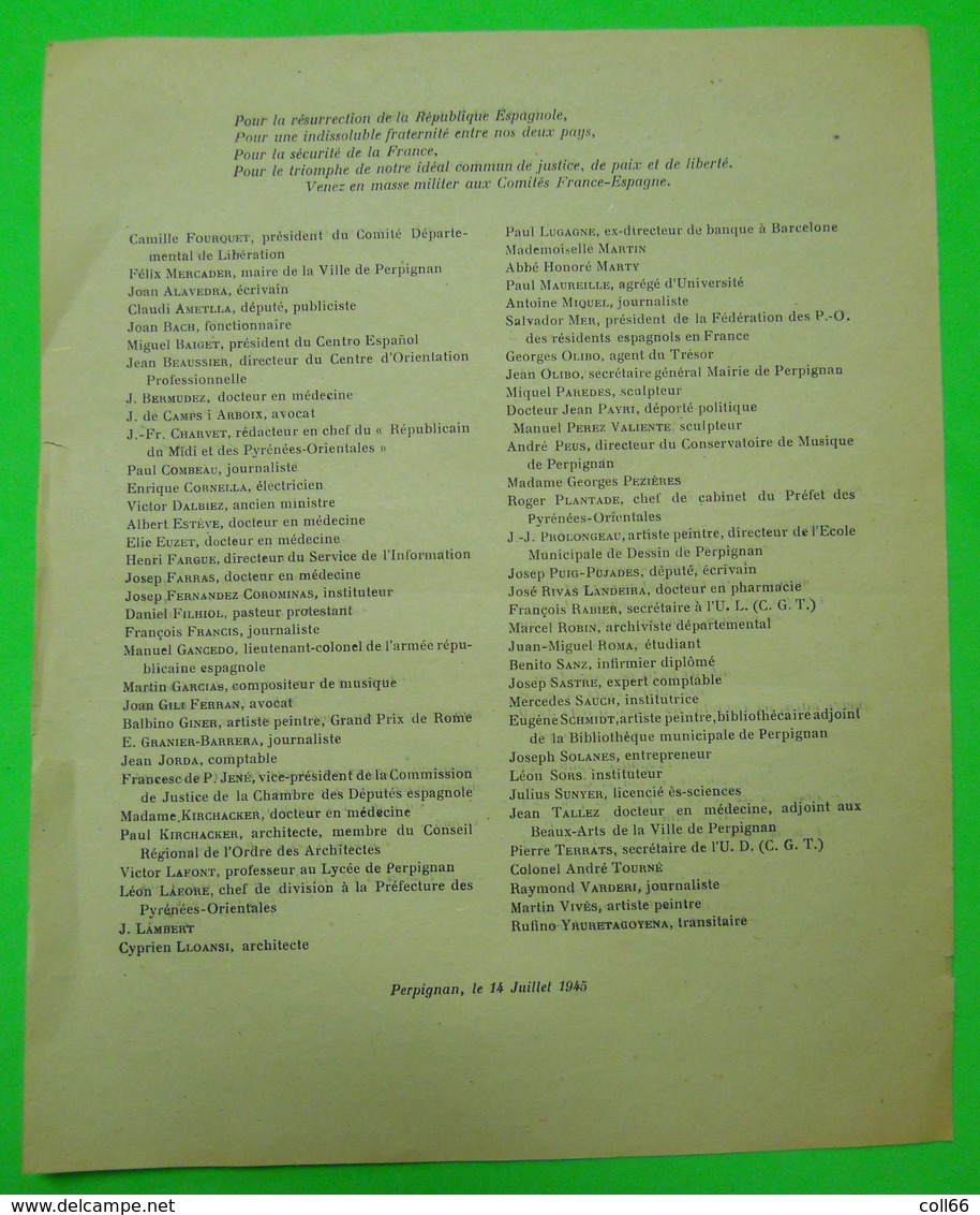 66 Perpignan 1945 Tract Politique Suite Guerre D'Espagne Manifeste Pour Résurrection De La République Espagnole RARE - Documents Historiques