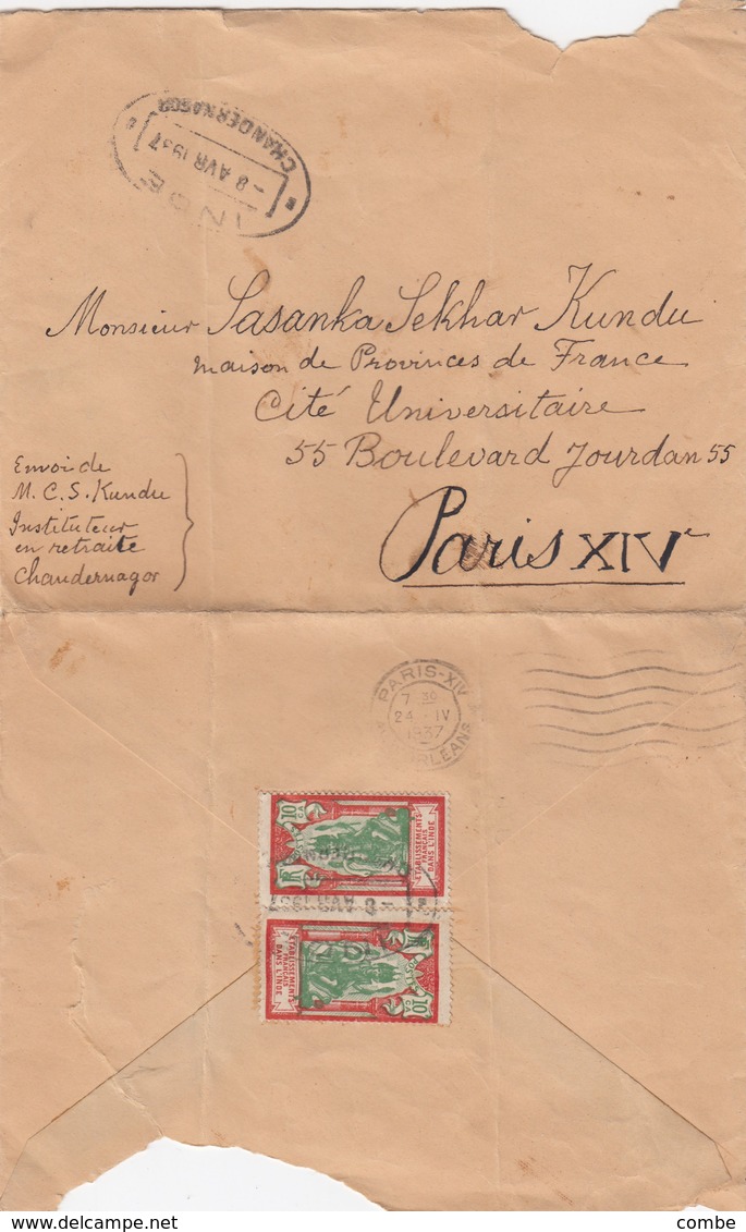 LETTRE. INDE. 1937. CHANDERNAGOR POUR PARIS  / 2 - Lettres & Documents