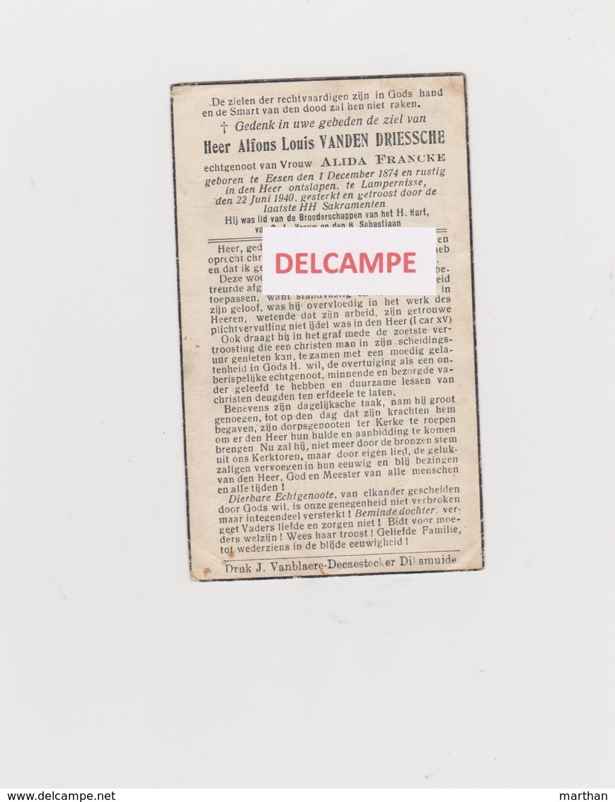 DOODSPRENTJE VANDEN DRIESSCHE ALFONS ECHTGENOOT FRANCKE ESEN LAMPERNISSE 1874 - 1940 - Devotion Images
