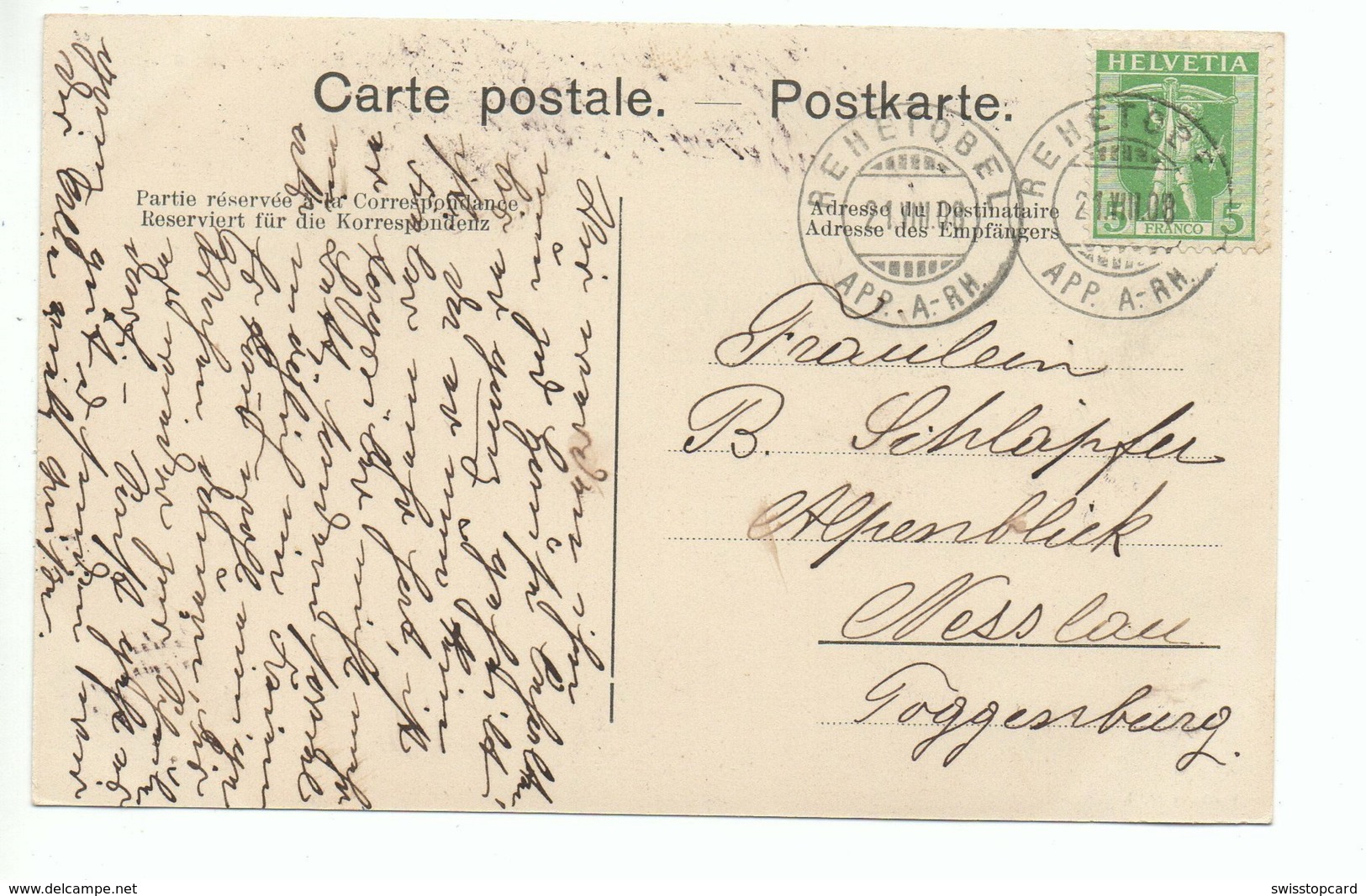 LITHO Jugendstil REHETOBEL Strassenzug Schulhaus Gel. 1908 N. Nesslau - Rehetobel