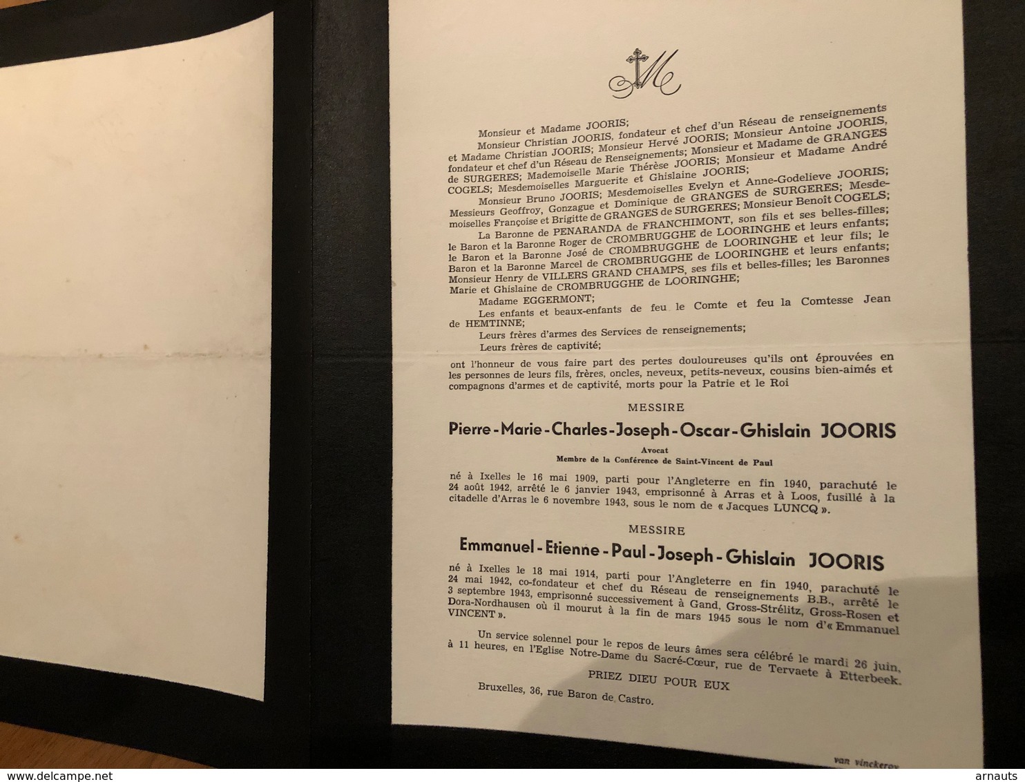 Messire Jooris Pierre *1909 Ixelles Arras Loos Fusilie 1943 Et Emmanuel Joris +1945 Gand Gross Strelitz Dora Nordhausen - Todesanzeige