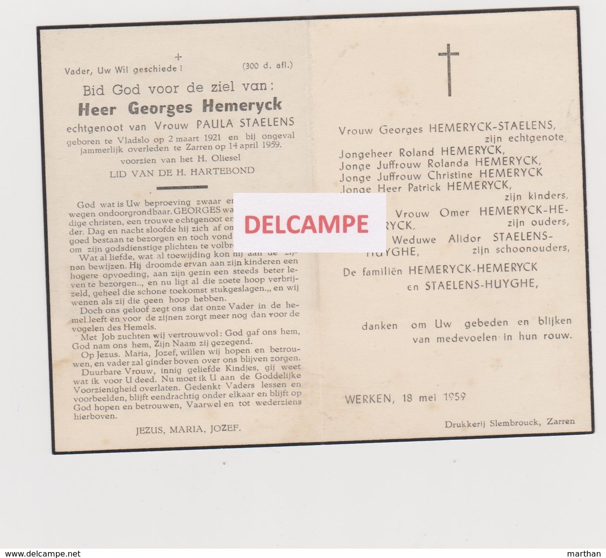 DOODSPRENTJE HEMERYCK GEORGES ECHTGENOOT STAELENS VLADSLO ZARREN 1921 - 1959 ONGEVAL - Images Religieuses
