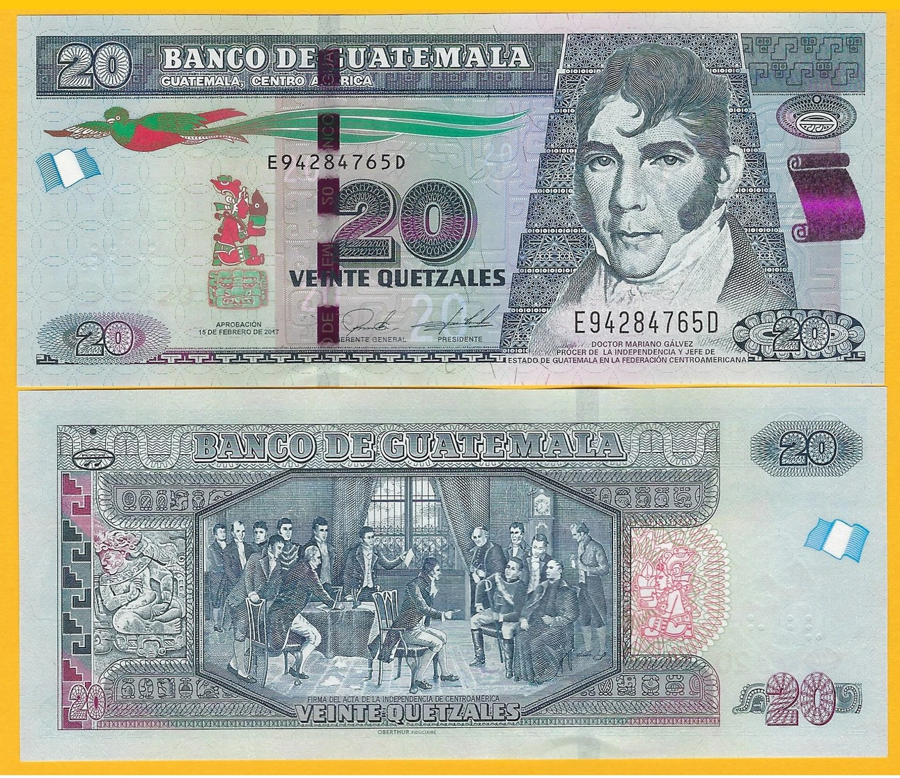 Guatemala 20 Quetzales P-124 2017 UNC Banknote - Guatemala