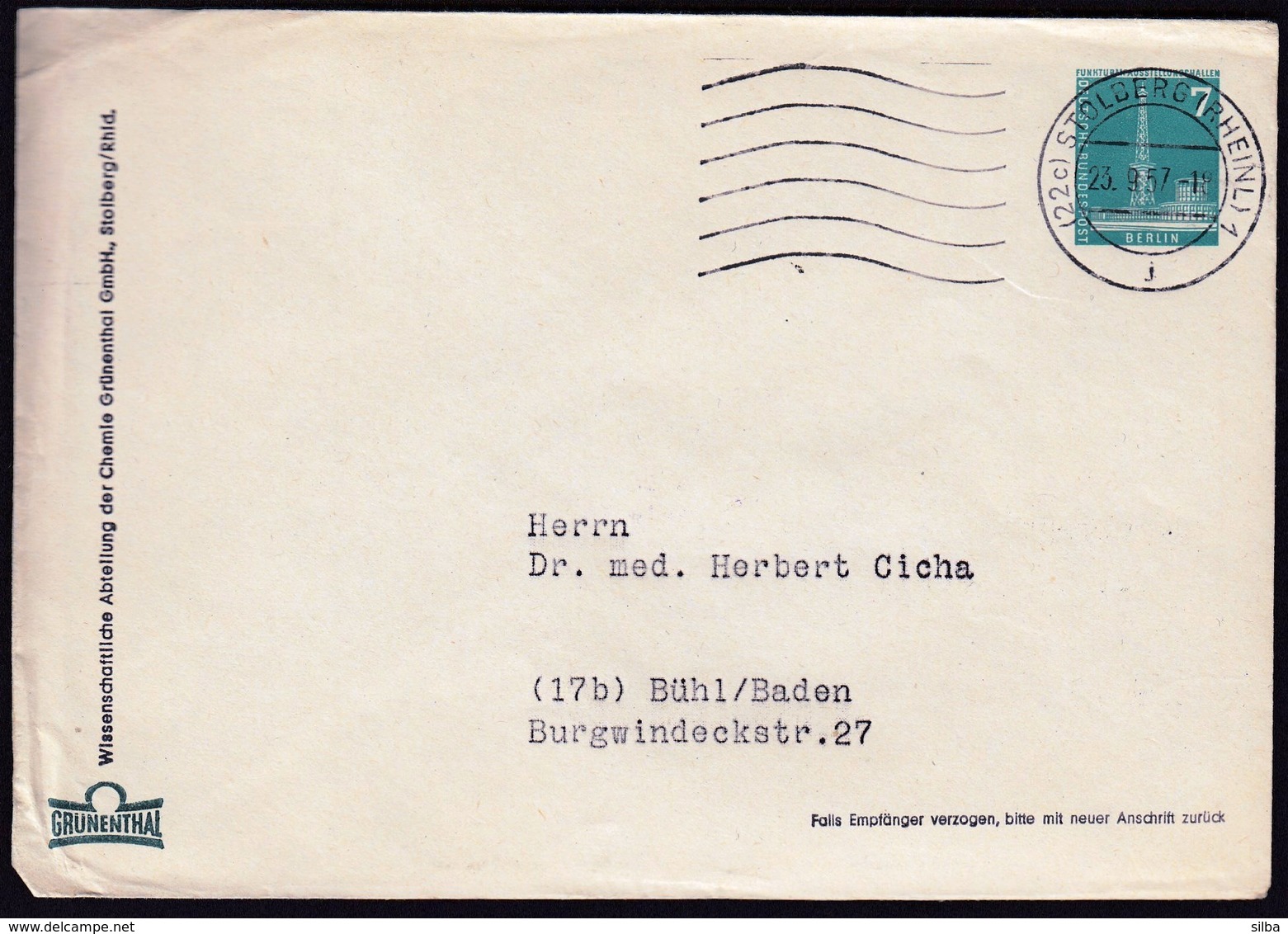 Germany Stolberg 1957 / Funkturm, Ausstelungshallen Berlin, Radio Tower / Postal Stationery / Grunenthal - Privé Briefomslagen - Gebruikt