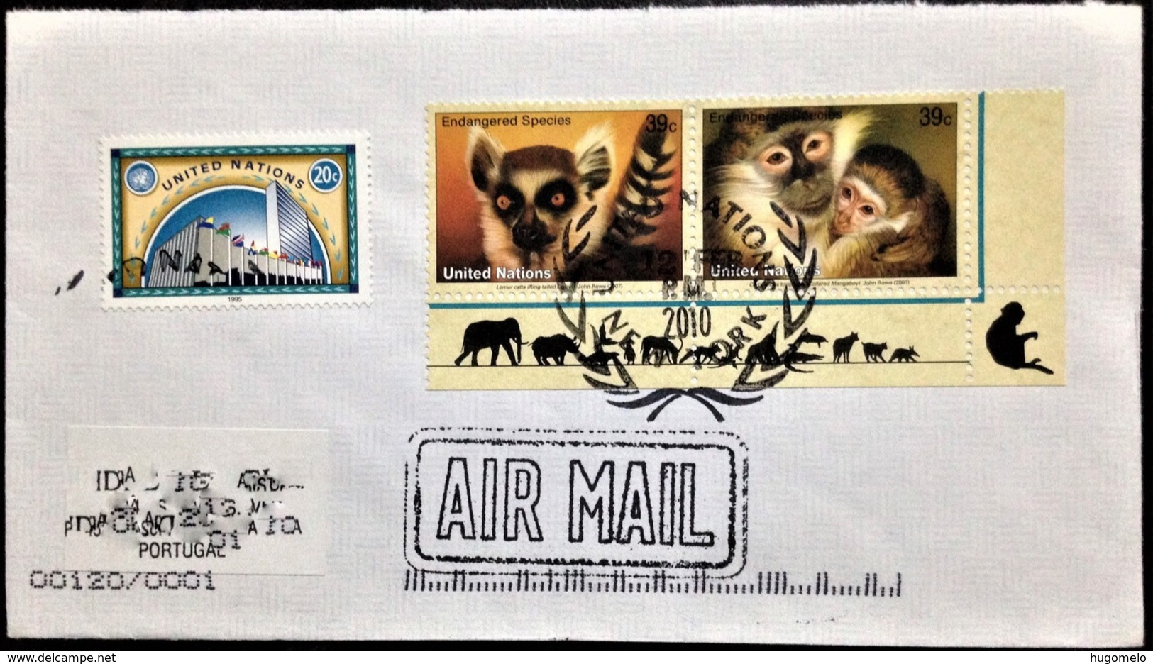 United Nations, New York, Circulated Cover To Portugal, "Fauna", "Endangered Species", 2010 - Storia Postale